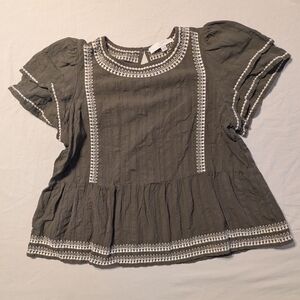 LOFT Green Blouse with Cream Embroidery